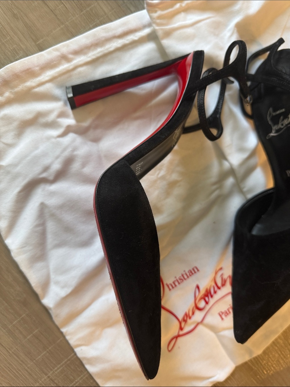 Christian Louboutin Black Suede Pointed-Toe Ankle-Strap Pumps - Picture 6 of 9